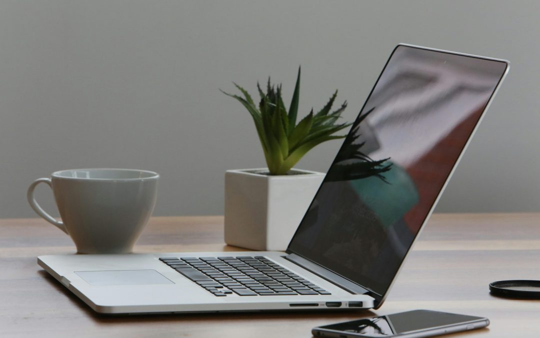 Free Minimalist home office desk with laptop, smartphone, and plant for a modern work environment. Stock Photo